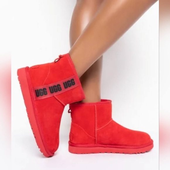 UGG CLASSIC SAMBA RED SUEDE MINI SIDE LOGO BOOTS - Picture 10 of 11